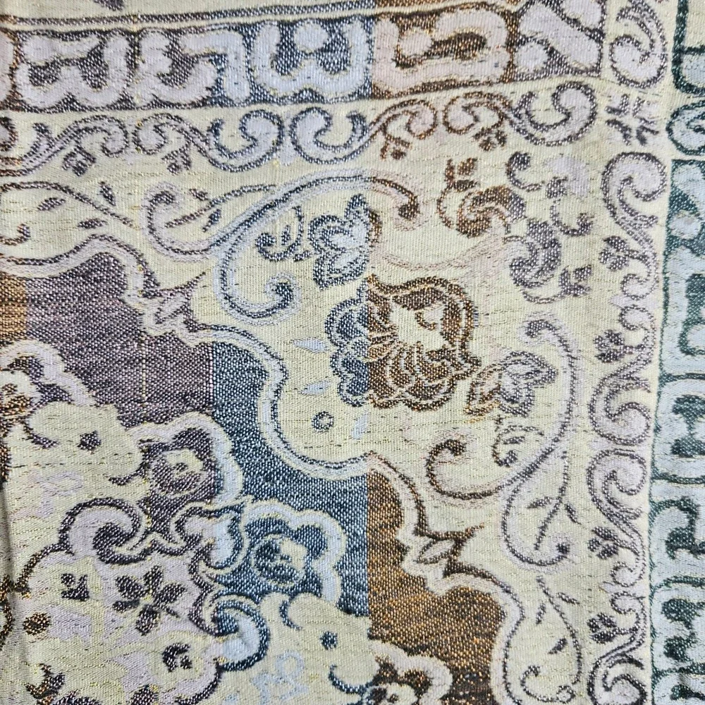 Vtg Spanish Moorish Jacquard Tapestry Metallic Floral Fringe Brocade Arabic